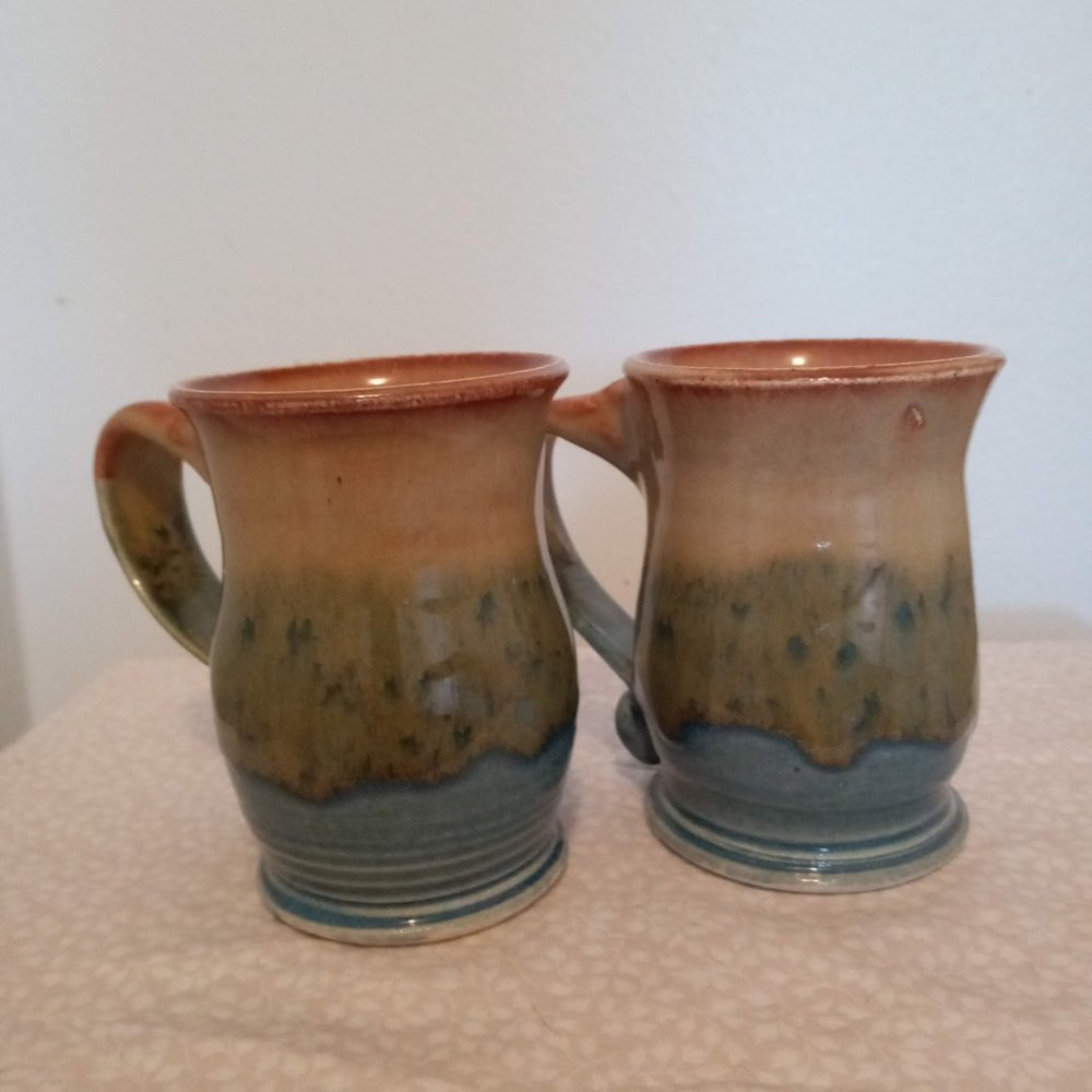 Earth Tones Colors Button Handle Mugs Signed by Artist
